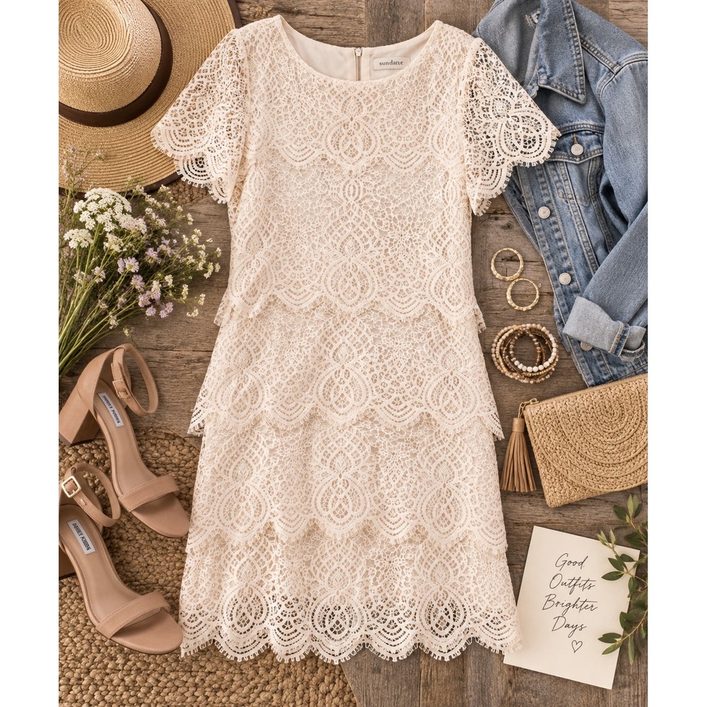 Sundance Lace Tiered Dress Pink Short Sleeve Eyelash Trim Sheath Size L